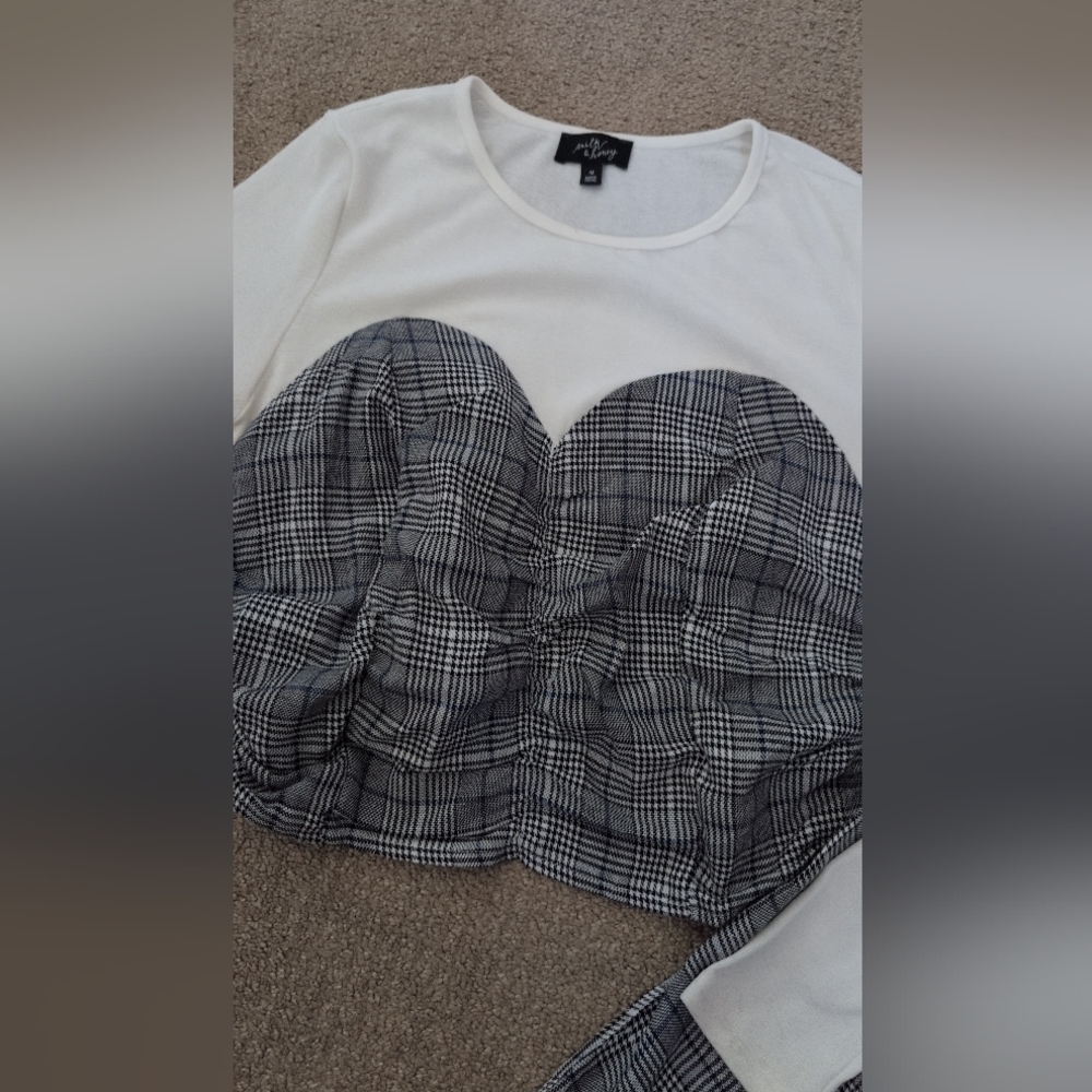 Shoedazzle Milk & Honey Long Sleeve Plaid Tie Waist Bustier Crop Top - Picture 6 of 11